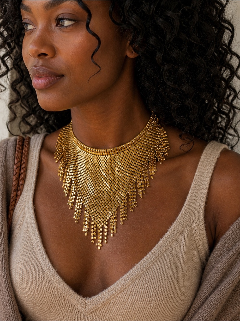 Vintage Gold Chainmail Bib Choker Fringe Necklace